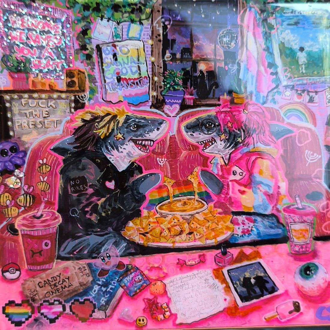 Bad Signal, Good Transition painting by Paintranger: two sharks sharing cinema nachos and cheese dip in a glowing pink room full of trans pride details