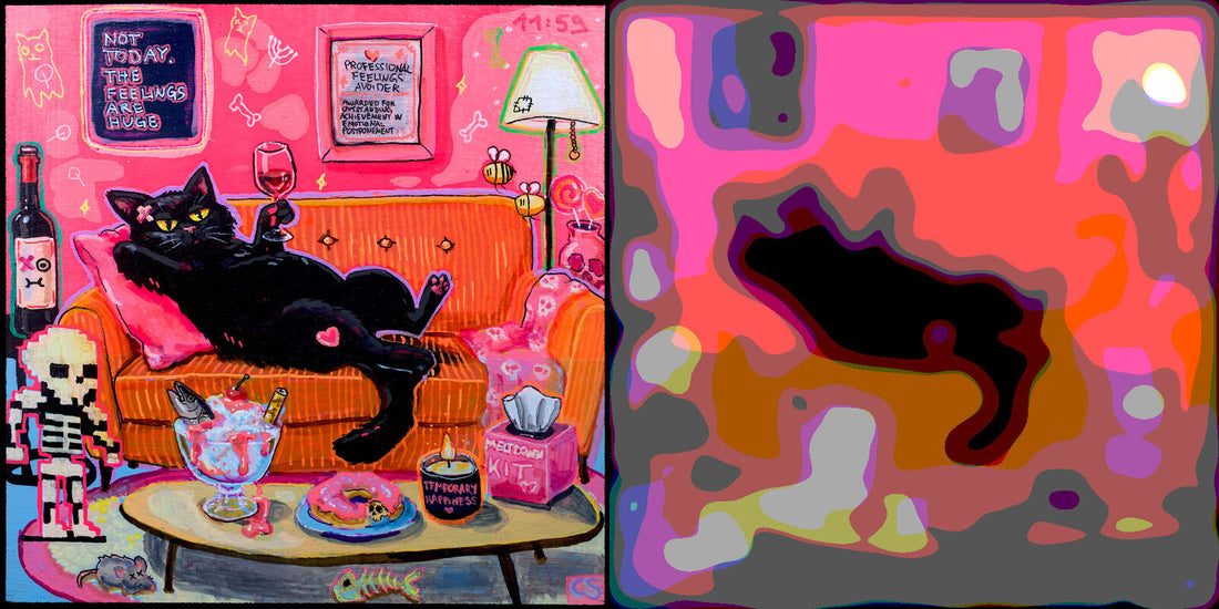 A painting shown normally and reduced to its main shapes, from an art teaching guide