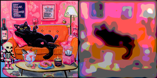 A painting shown normally and reduced to its main shapes, from an art teaching guide