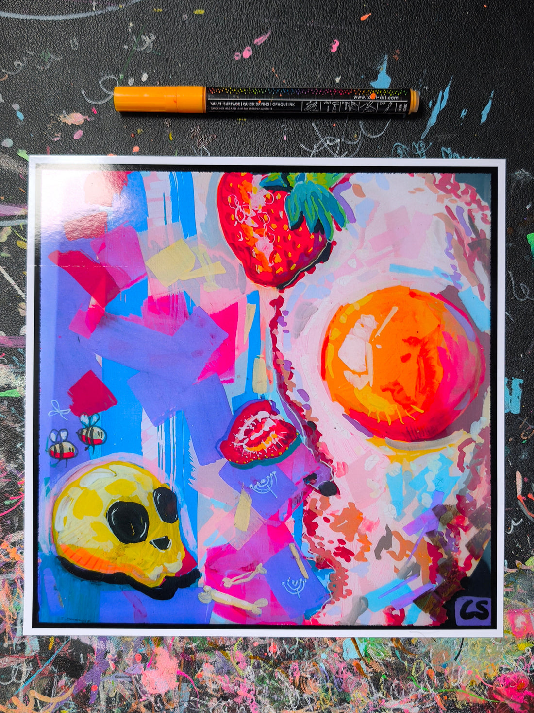 Fried Egg hand-signed art print by Paintranger, a surreal breakfast scene with strawberries, a yellow skull and bees