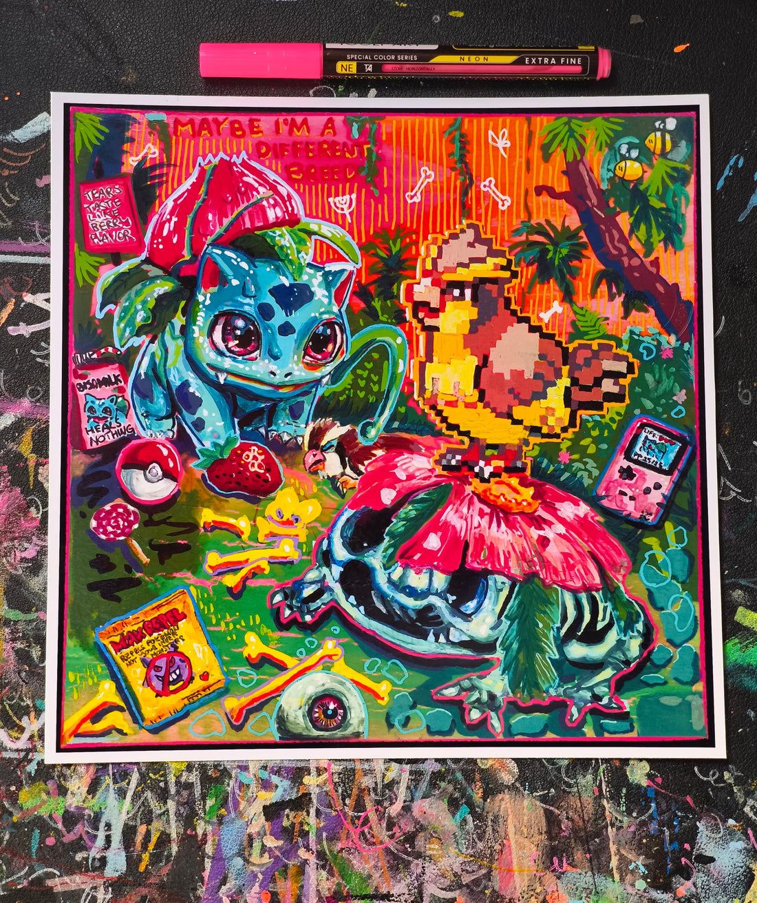 Save Point 11:59 hand-signed art print by Paintranger, a colorful Candy Decay painting about nostalgic gaming and pixel memories