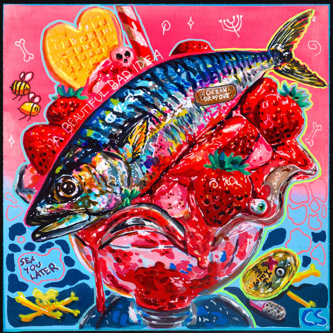 Surreal painting of a mackerel on strawberry ice cream in bright colours