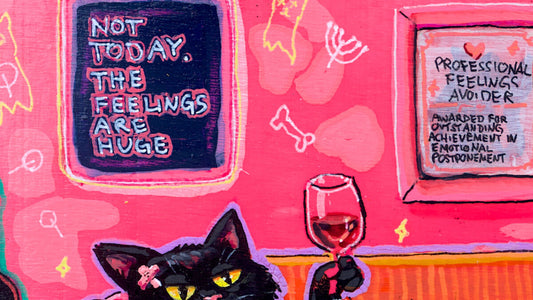 Detail of a painting with hand painted signs and a black cat
