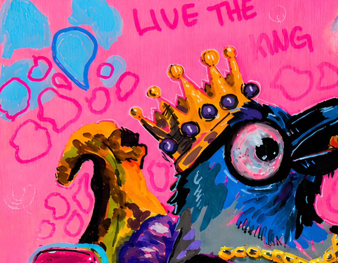 Detail of a pastel goth painting with a crowned crow, bones and hot pink background