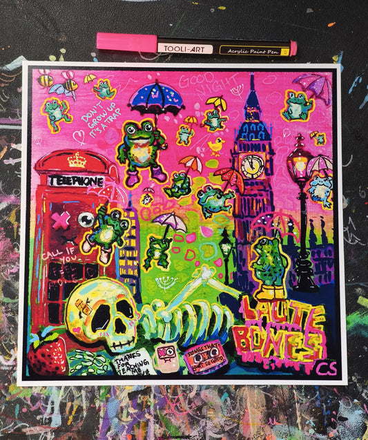 Cloudy with the Chance of Frogs, a colorful surreal frog artwork with pastel clouds and candy colors