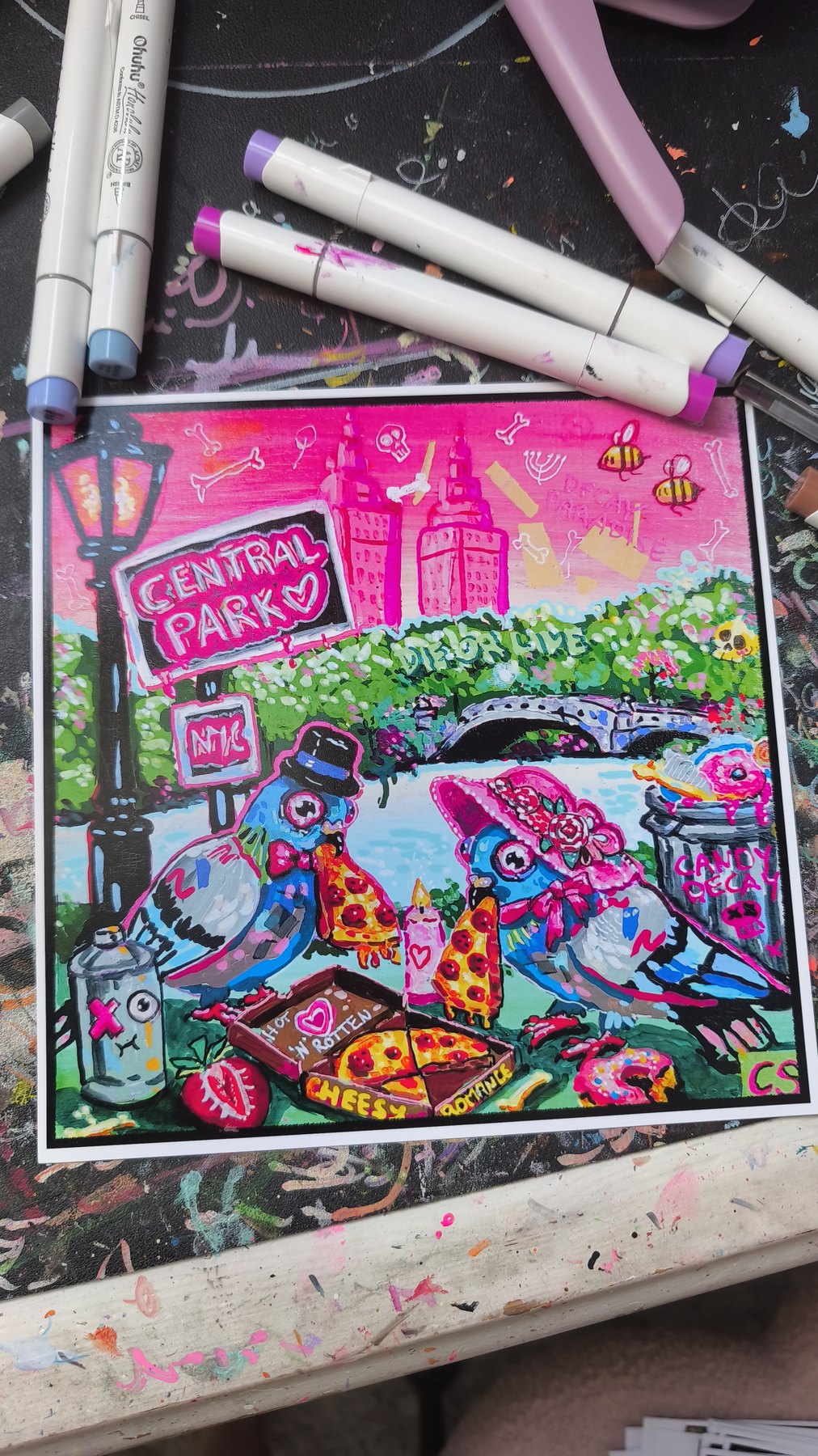 Cheesy Romance wall art print, a bright pink surreal pigeon love painting, an example of dopamine decor