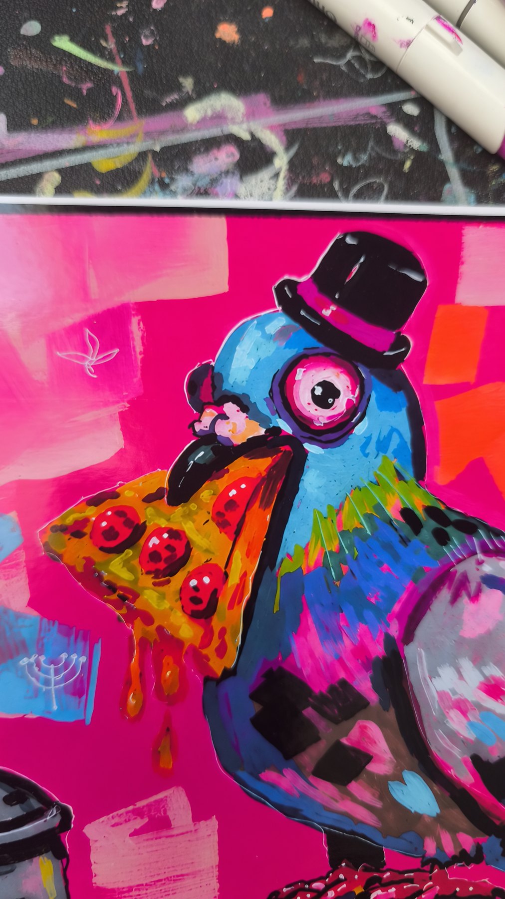 Weird Pigeon wall art print, a colorful surreal pigeon artwork, an example of pop surrealism and lowbrow art