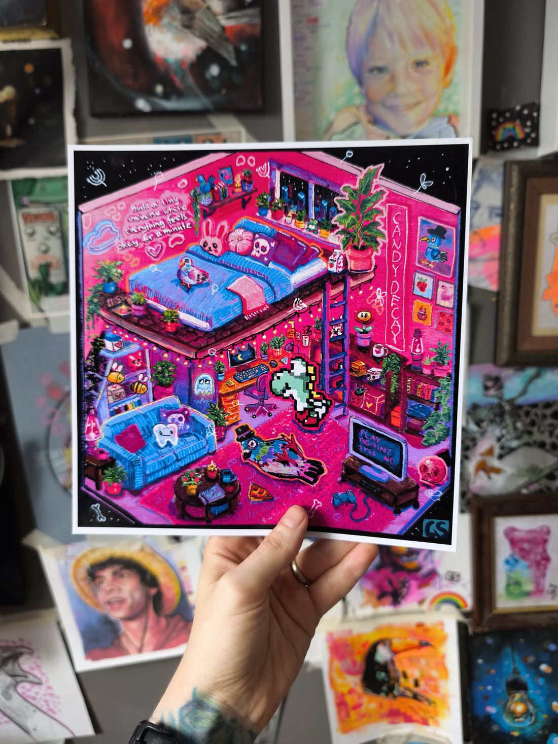 Inside The Candy Decay Apartment wall art print, a pink plant filled room packed with pop culture references, an example of maximalist decor