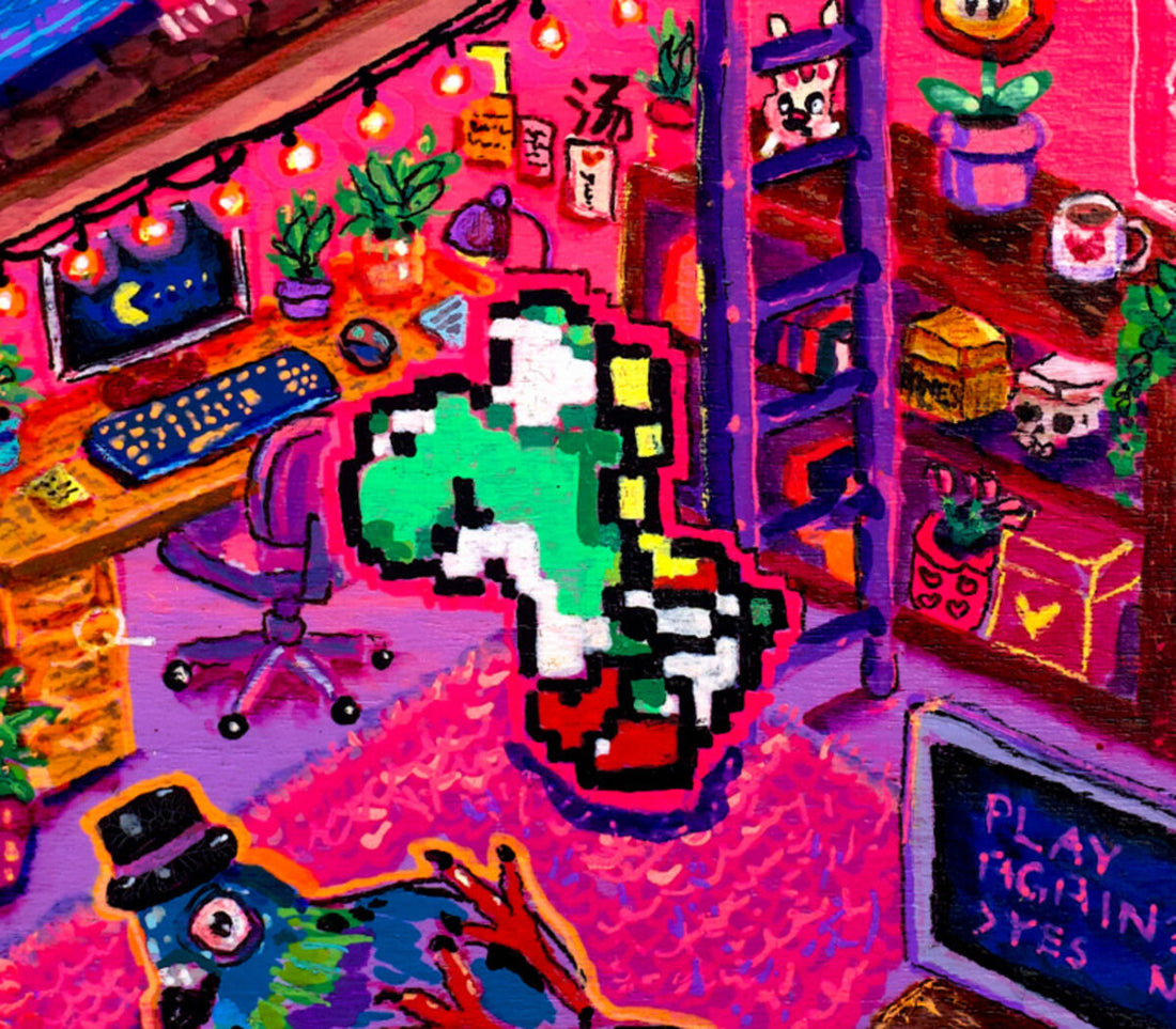 Pixel art game figure inside a painterly colourful room, retro gaming wall art