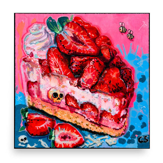 Strawberry Graveyard wall art print featuring a towering strawberry cake with cream, berries and hidden skull details, a colorful Candy Decay art print by Paintranger.
