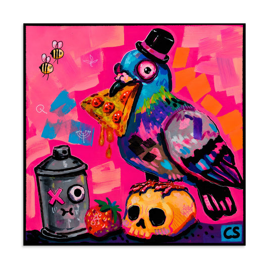 Weird Pigeon wall art print, a colorful surreal pigeon artwork by Paintranger