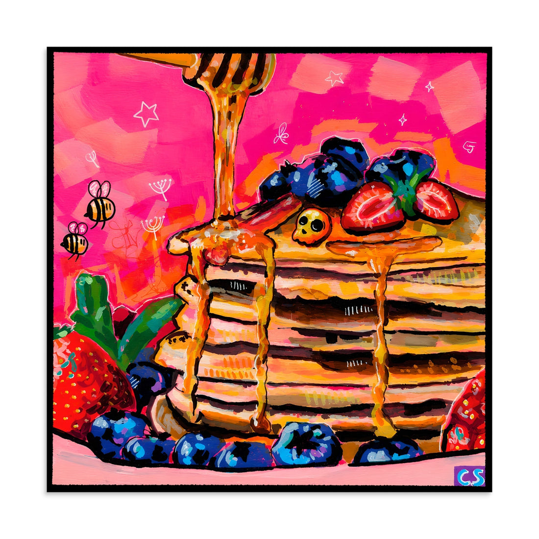 Pancakes and Bees wall art print, a colorful surreal bee artwork by Paintranger