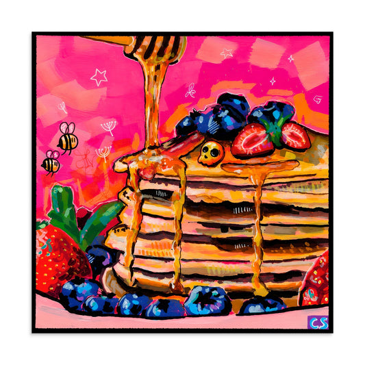 Pancakes and Bees wall art print, a colorful surreal bee artwork by Paintranger