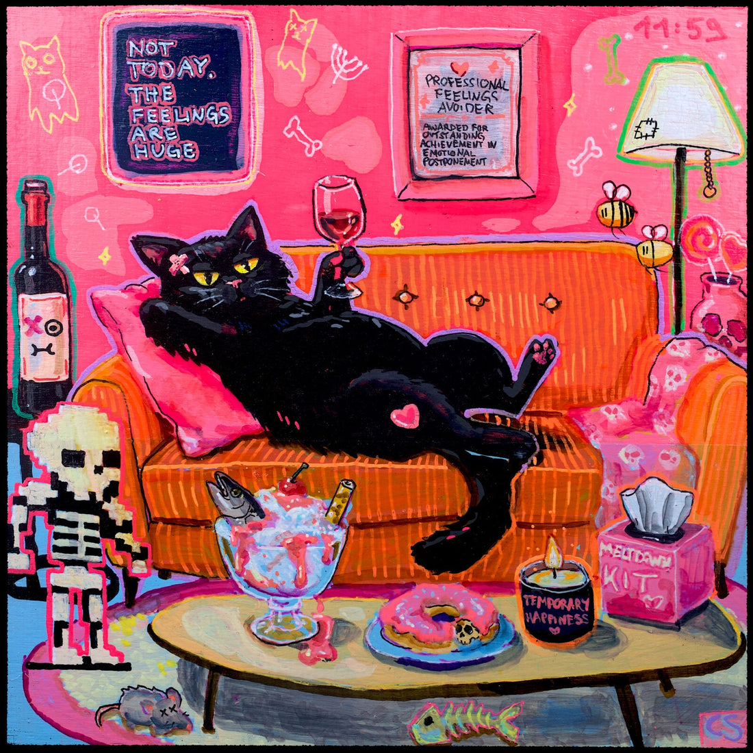 A pastel goth painting shown normally and blurred down to its largest shapes, from a composition guide for artists