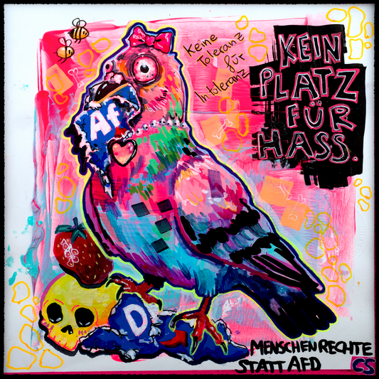 Rosa vs. the Far Right hand-signed charity art print by Paintranger, a pink pigeon standing against the far right, in bright candy colours