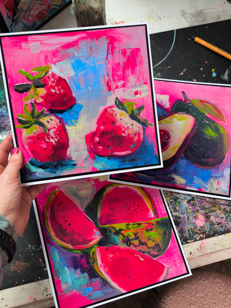 All three Candy Decay Food Study hand-signed art prints by Paintranger: strawberries, avocado and watermelon