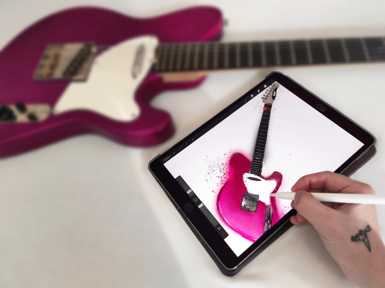 Digital guitar pedal artwork process by Paintranger, hand-drawn Sketchy Pedals illustration on iPad featuring guitar gear, music inspired art and creative design work