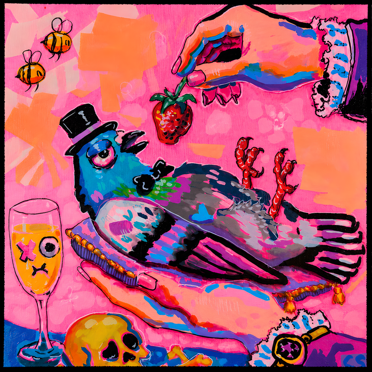 pigeon eating a strawberry, pink background, skull, bones, bees