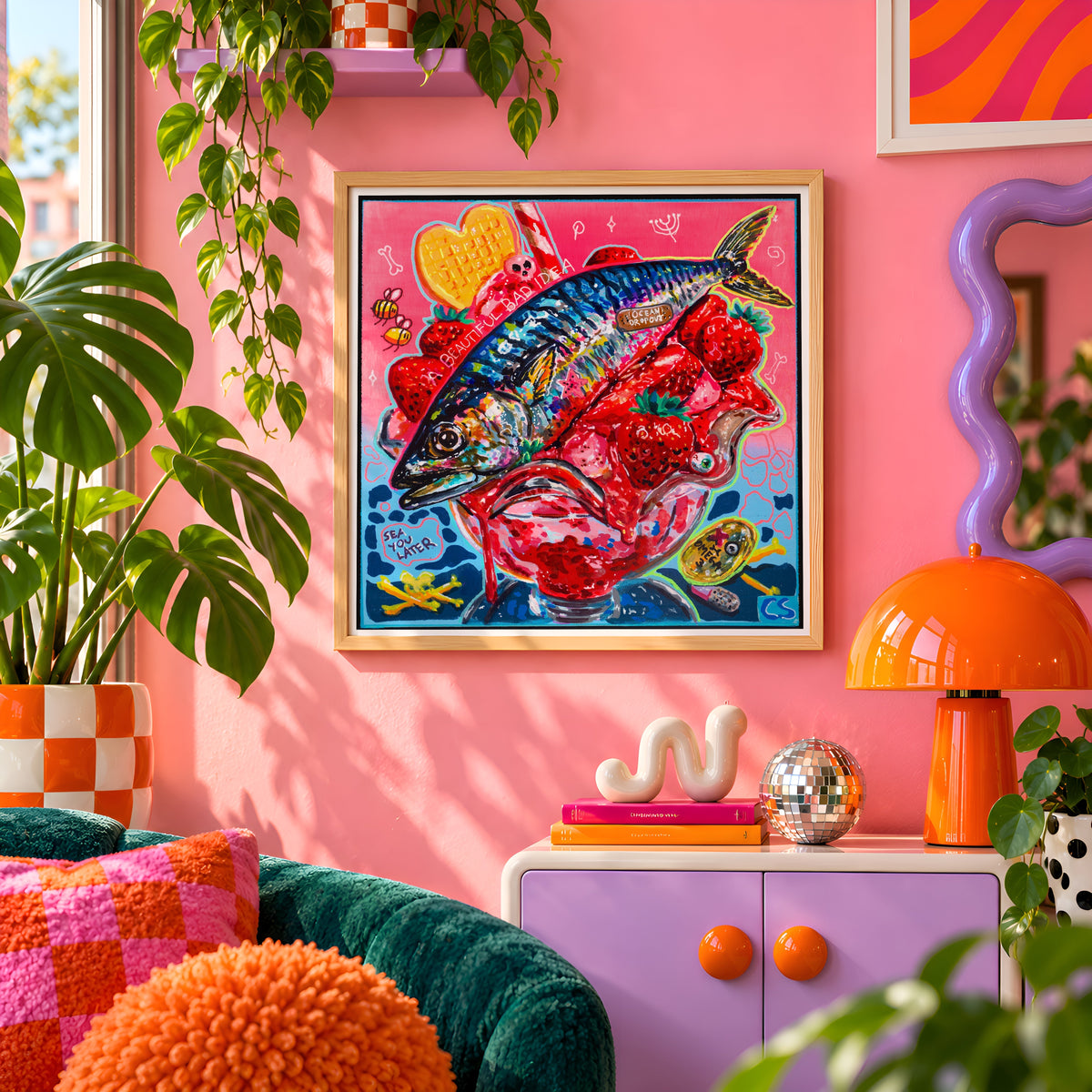 Ocean Dropout wall art print framed on a pink wall, featuring a mackerel fish swimming in a strawberry ice cream sundae glass, Candy Decay style by Paintranger