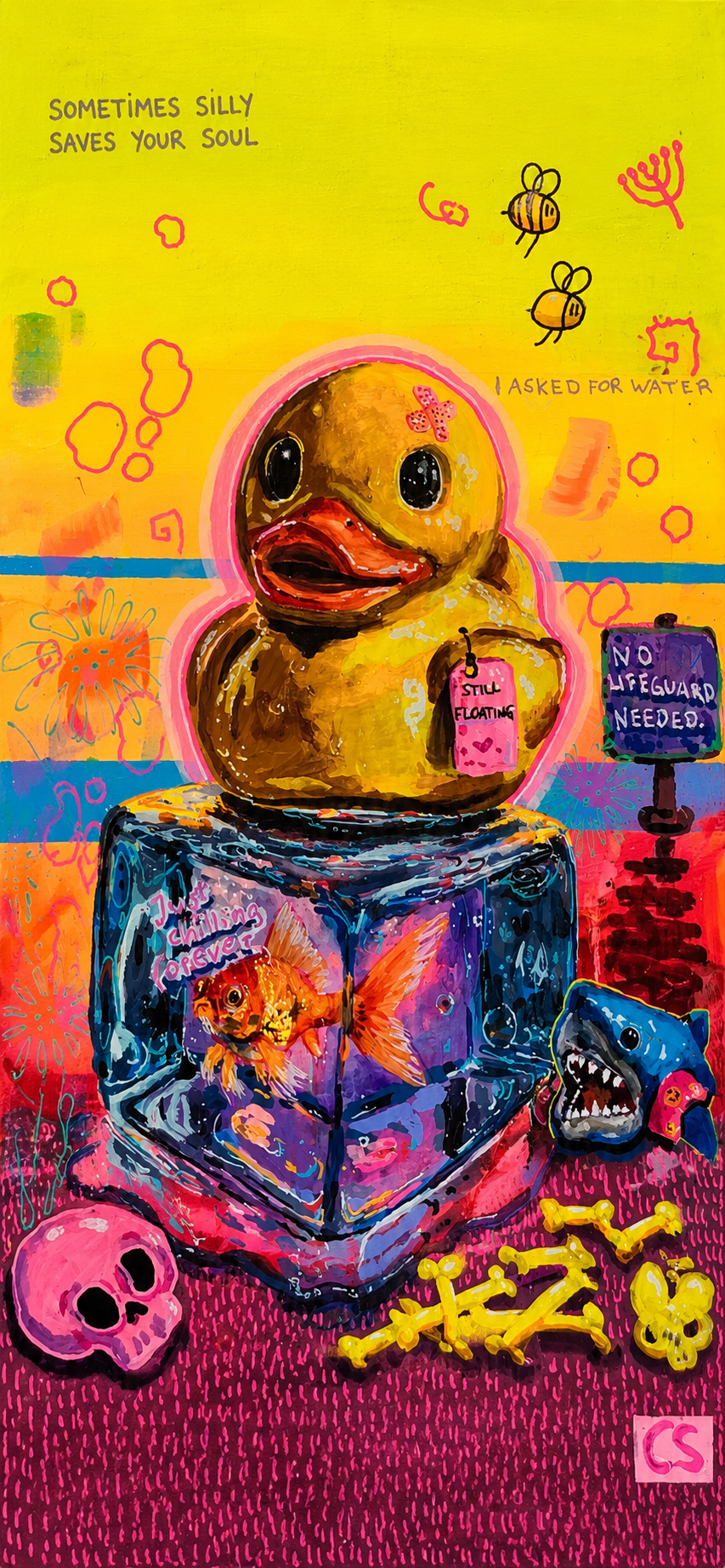 Cute Candy Decay phone wallpaper featuring a small yellow duck sitting on a melting ice cube with a goldfish frozen inside, surrounded by colorful flowers and whimsical details.