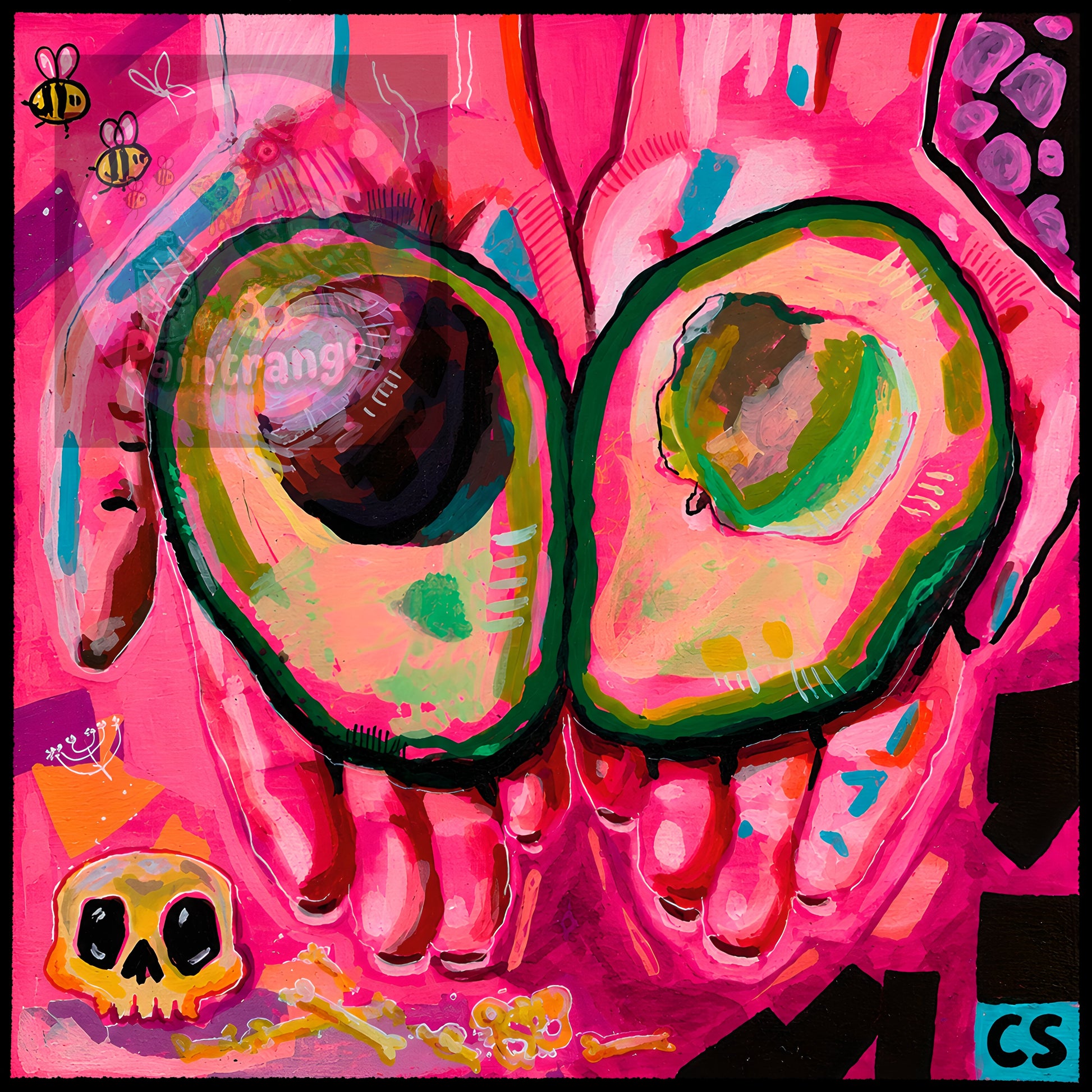 Avocado Hands printable art by Paintranger with surreal avocado halves on a vivid neon pink Candy Decay background.