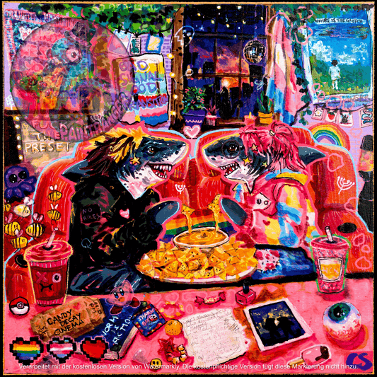 Bad Signal, Good Transition printable art by Paintranger: two sharks sharing cinema nachos and cheese dip in a glowing pink room full of trans pride details