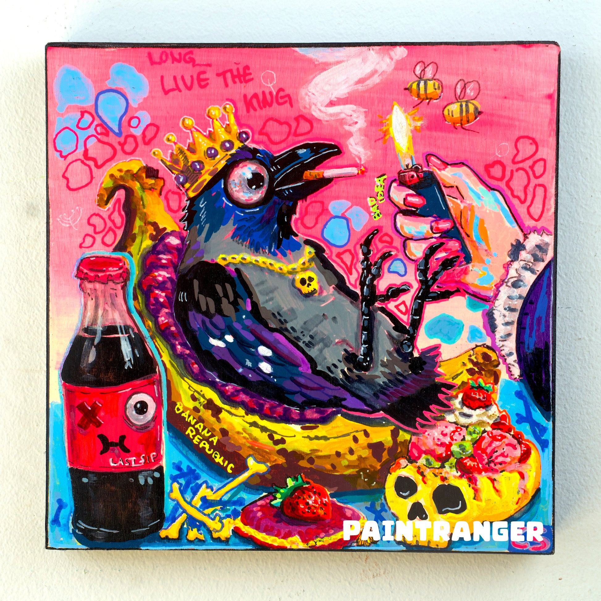 Surreal crow throne original artwork in Candy Decay style by Paintranger, colorful cute creepy painting on wood panel with crow, banana throne and dark whimsical details
