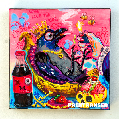 Surreal crow throne original artwork in Candy Decay style by Paintranger, colorful cute creepy painting on wood panel with crow, banana throne and dark whimsical details
