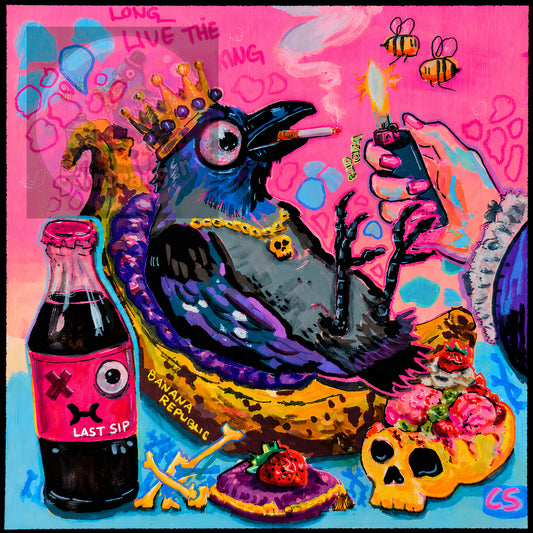 Banana Republic printable art by Paintranger with a colorful crow, bananas and scavenged objects in vivid Candy Decay color.