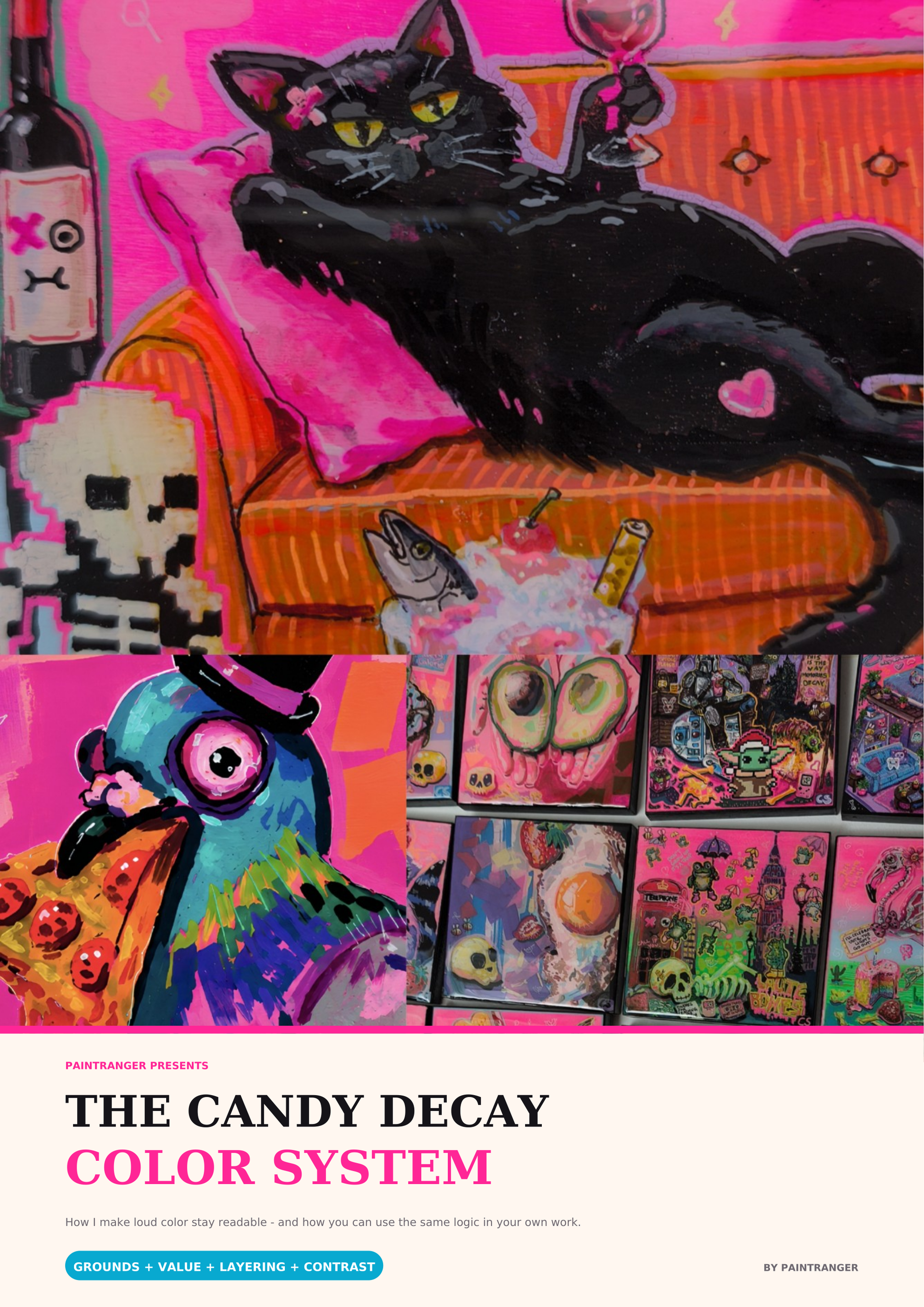 Cover of The Candy Decay Color System PDF guide with neon artwork of a black cat, colorful pigeon and gallery wall.