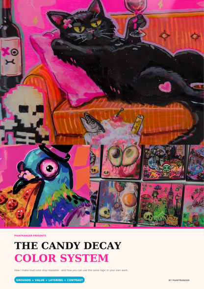 Cover of The Candy Decay Color System PDF guide with neon artwork of a black cat, colorful pigeon and gallery wall.