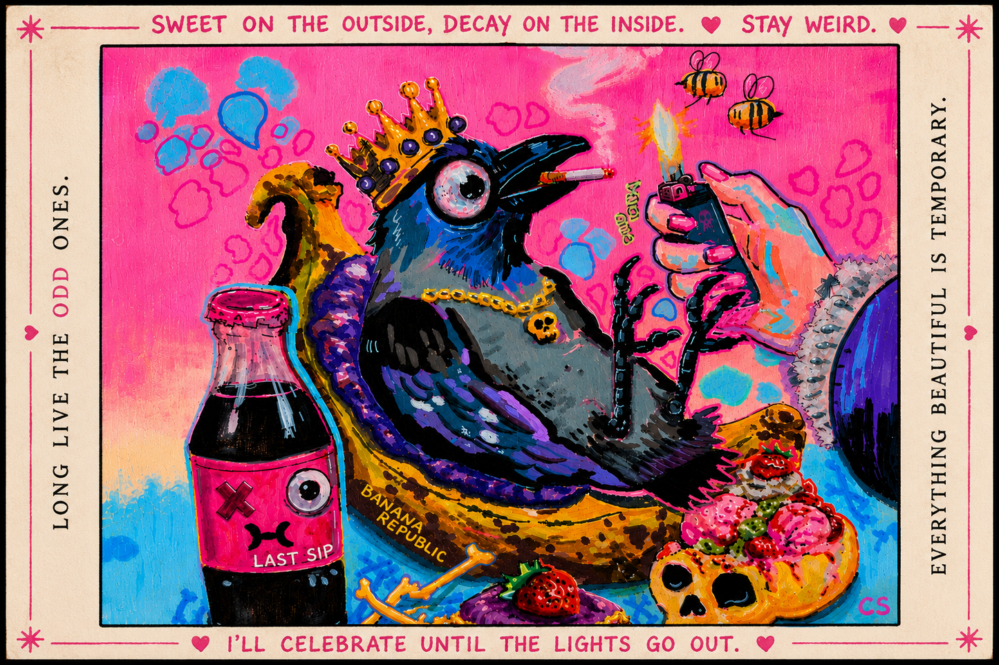 Join the Candy Decay Postcard Club and receive a hand-signed surprise art postcard every month. Each postcard features one of my original Candy Decay print designs, inspired by cute creatures, bittersweet themes, and colorful contemporary pop surrealism. Collect unique art postcards, decorate your space, or send them to someone special. Free worldwide shipping and cancel anytime.