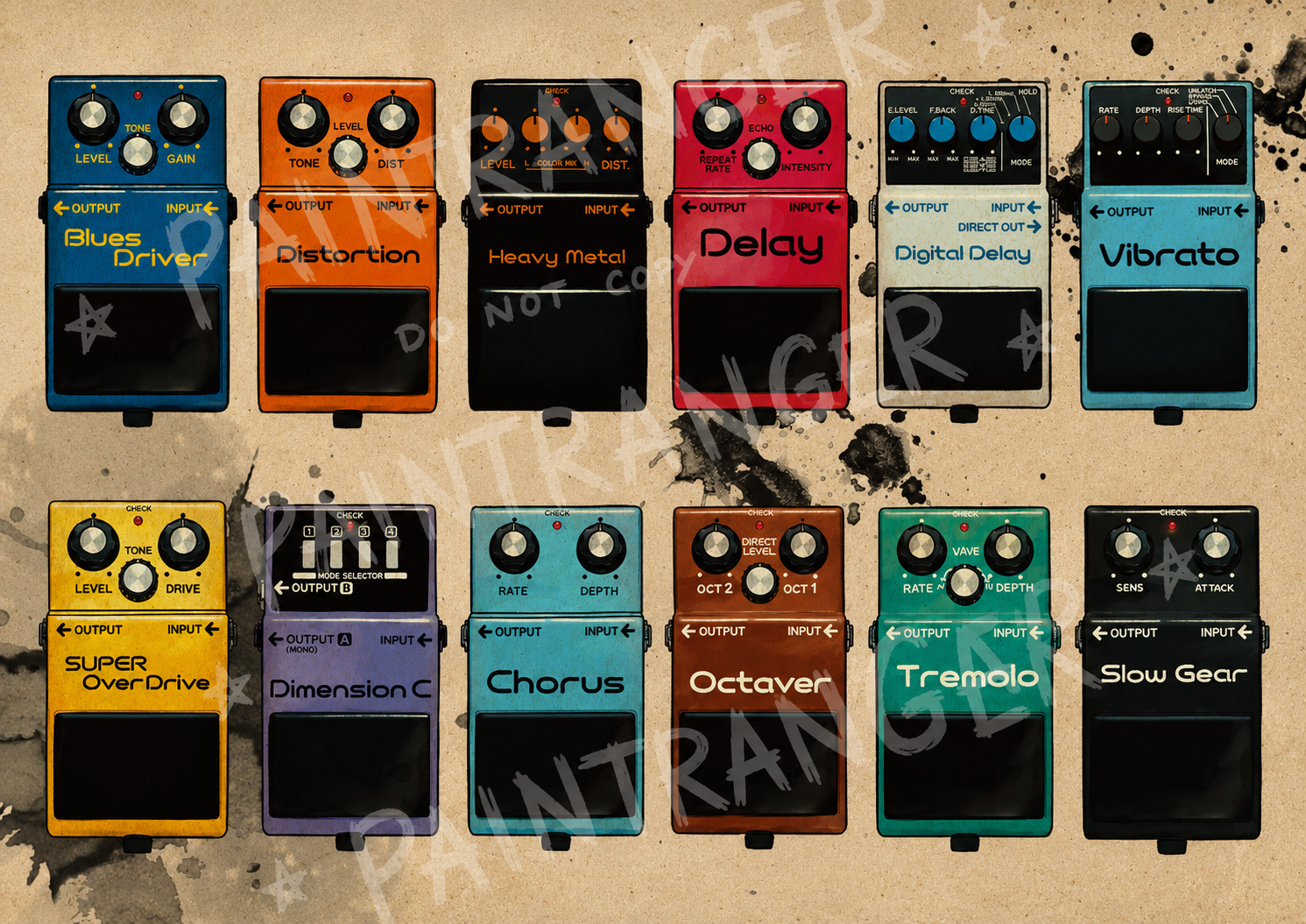 Hand-drawn Boss inspired guitar pedal art print by Paintranger, colorful Sketchy Pedals A4 illustration featuring classic stompbox effects, distortion, overdrive, delay and modulation pedals.
