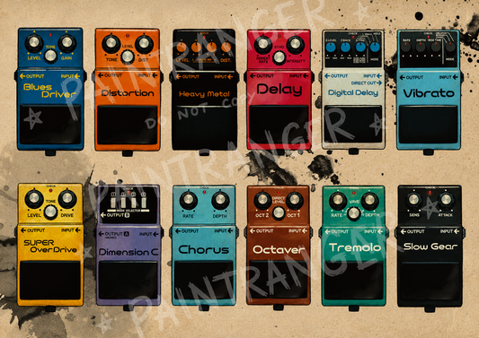 Hand-drawn Boss inspired guitar pedal art print by Paintranger, colorful Sketchy Pedals A4 illustration featuring classic stompbox effects, distortion, overdrive, delay and modulation pedals.