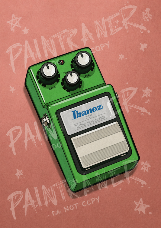 Hand-drawn Tube Screamer inspired guitar pedal artwork by Paintranger, colorful Sketchy Pedals A4 illustration featuring a classic green overdrive pedal design for guitar players, musicians and gear lovers.