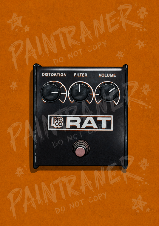 Hand-drawn RAT inspired guitar pedal art print by Paintranger. Colorful Sketchy Pedals artwork created for guitar players, distortion fans and music gear collectors.