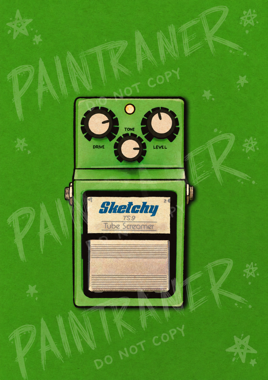 Hand-drawn TS9 Tube Screamer inspired guitar pedal art print by Paintranger. Colorful Sketchy Pedals artwork created for guitar players, overdrive fans and music gear collectors.