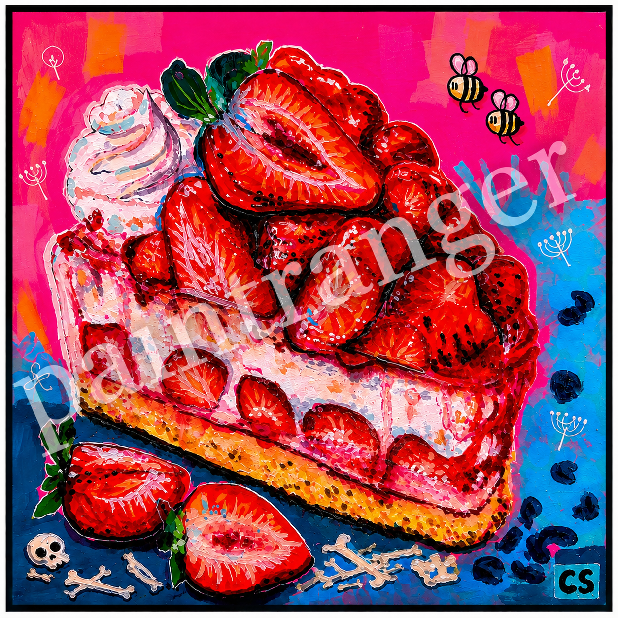 Cute creepy strawberry art digital download in Candy Decay style by Paintranger, colorful surreal artwork with strawberry graveyard, dark cute details and bittersweet decay theme
