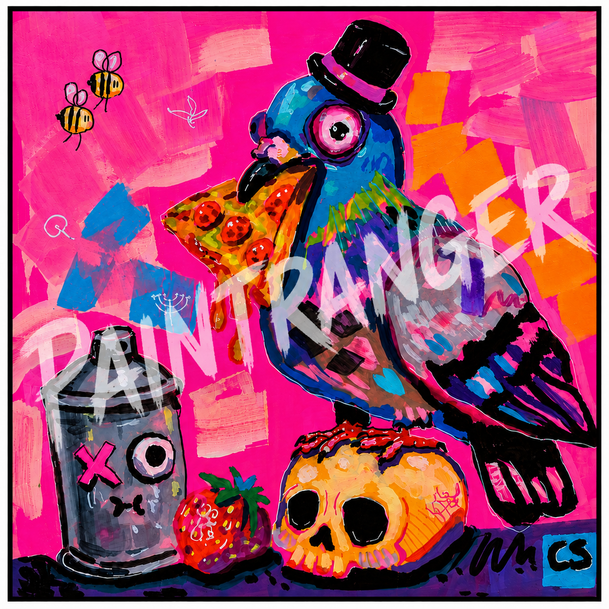 Cute pizza pigeon art digital download in Candy Decay style by Paintranger, colorful surreal pigeon character artwork with hat, pizza and whimsical cute creepy details
