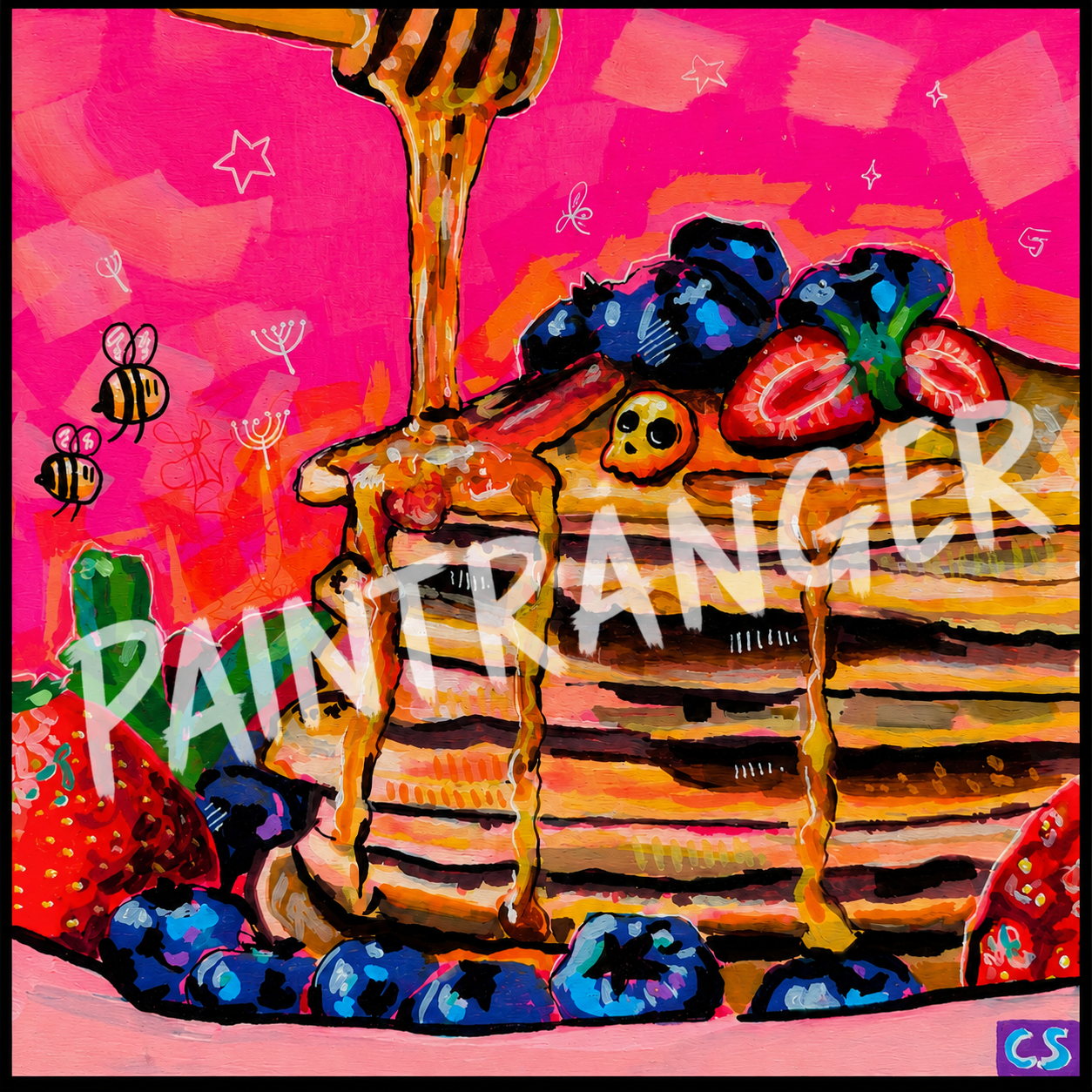 Cute bee pancake art digital download in Candy Decay style by Paintranger, colorful whimsical food artwork with bees, pancakes and sweet surreal details
