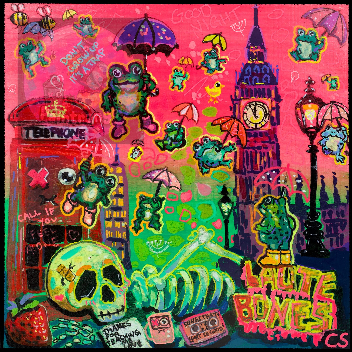 Cloudy with the Chance of Frogs printable art by Paintranger, a surreal neon Candy Decay scene filled with playful frogs.