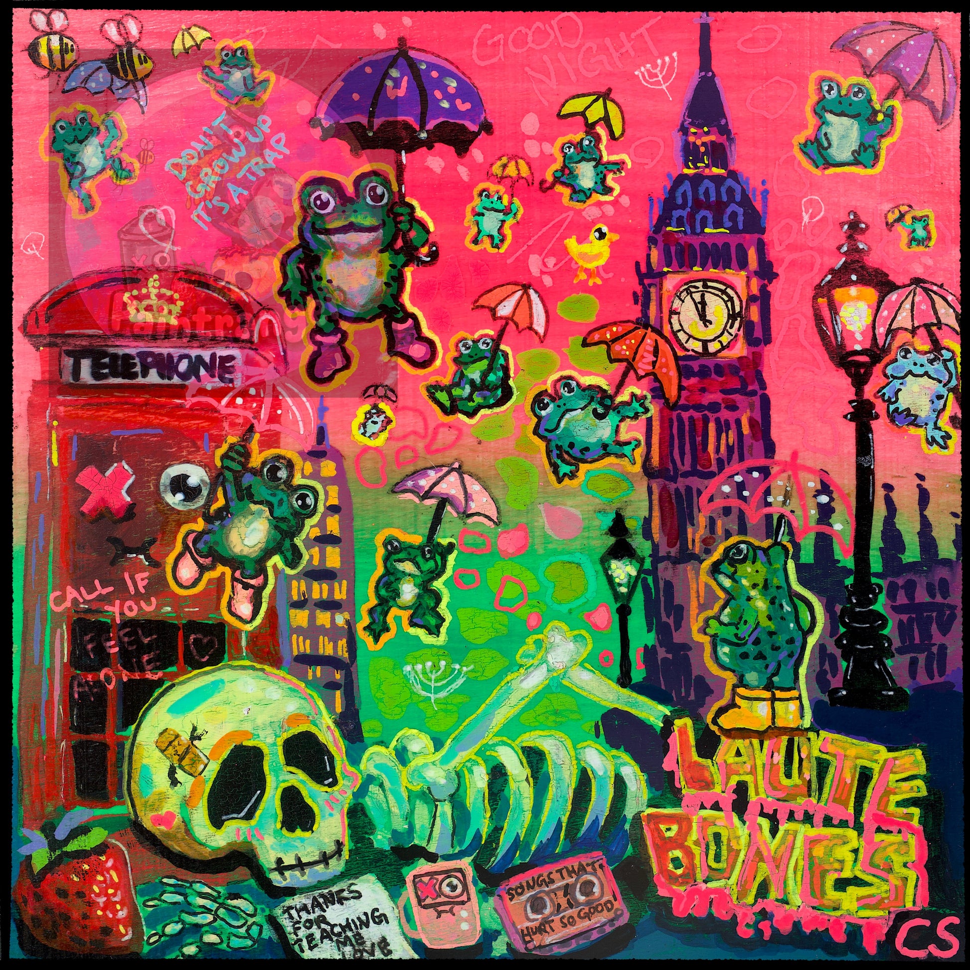 Cloudy with the Chance of Frogs printable art by Paintranger, a surreal neon Candy Decay scene filled with playful frogs.