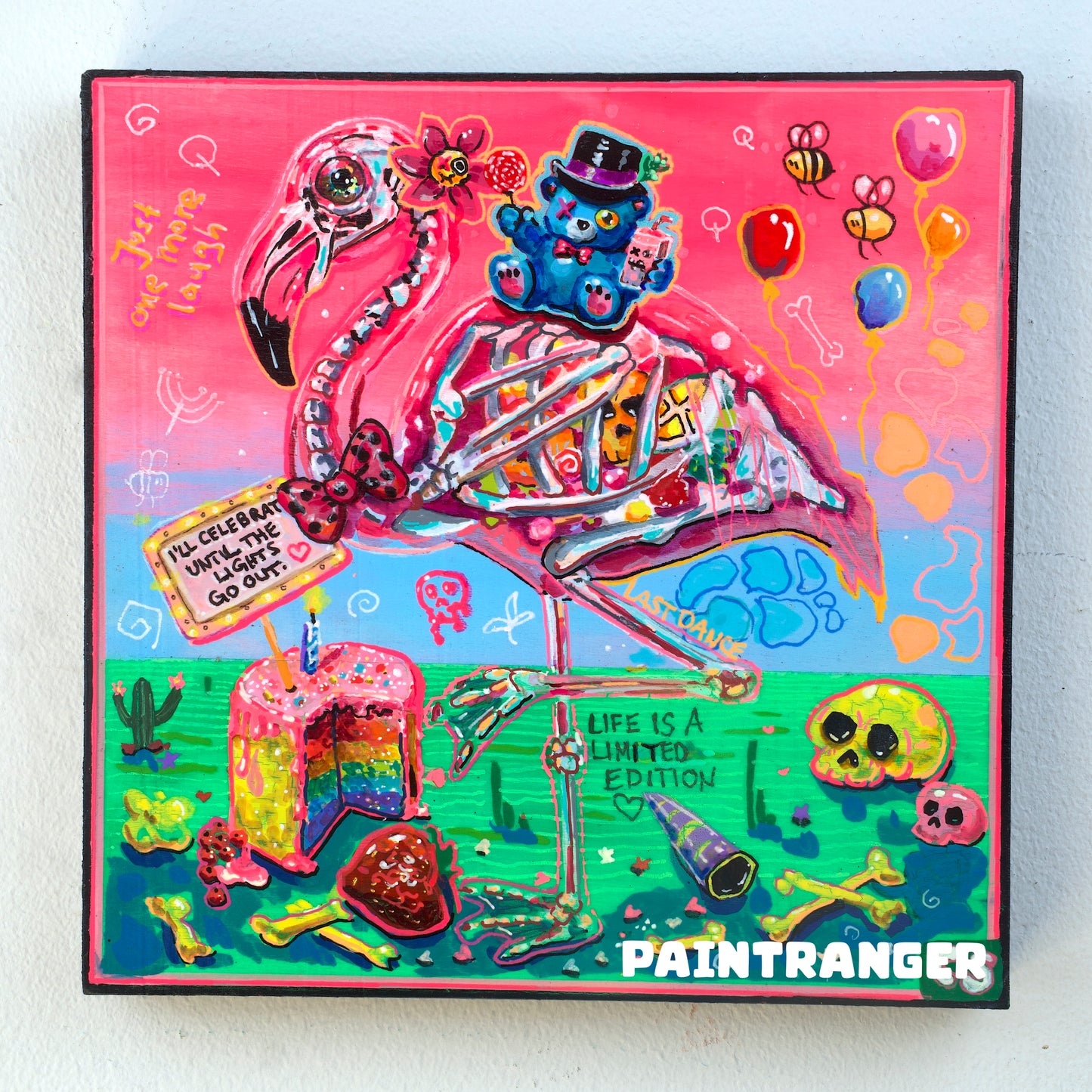 Surreal skeleton flamingo original artwork in Candy Decay style by Paintranger, colorful cute creepy painting on wood panel about celebration, life and impermanence
