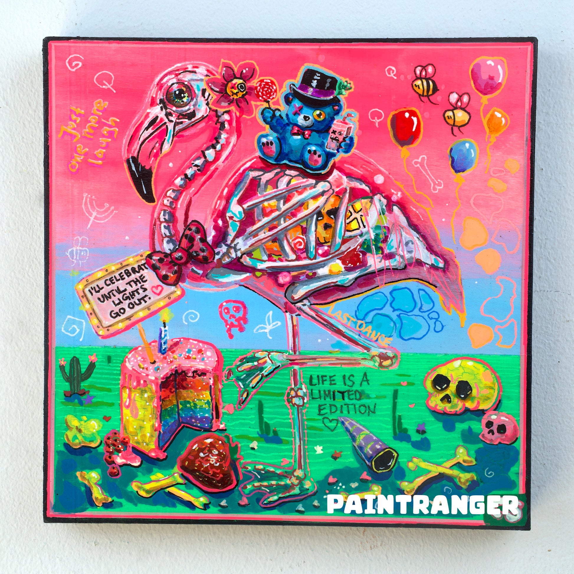 Surreal skeleton flamingo original artwork in Candy Decay style by Paintranger, colorful cute creepy painting on wood panel about celebration, life and impermanence