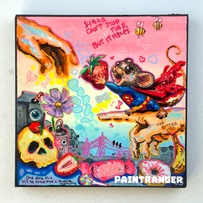 Original 15x15 cm Candy Decay artwork by Paintranger. A colorful surreal mixed media painting about creation, beauty, time and impermanence.