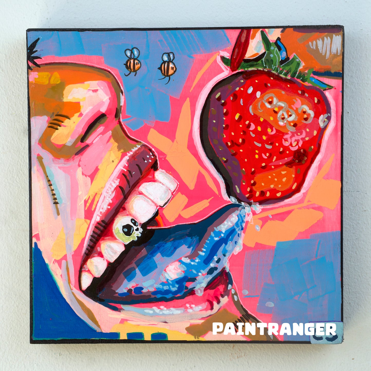 Surreal strawberry original artwork in Candy Decay style by Paintranger, colorful cute creepy painting on wood panel with tongue, strawberry and bittersweet surreal details
