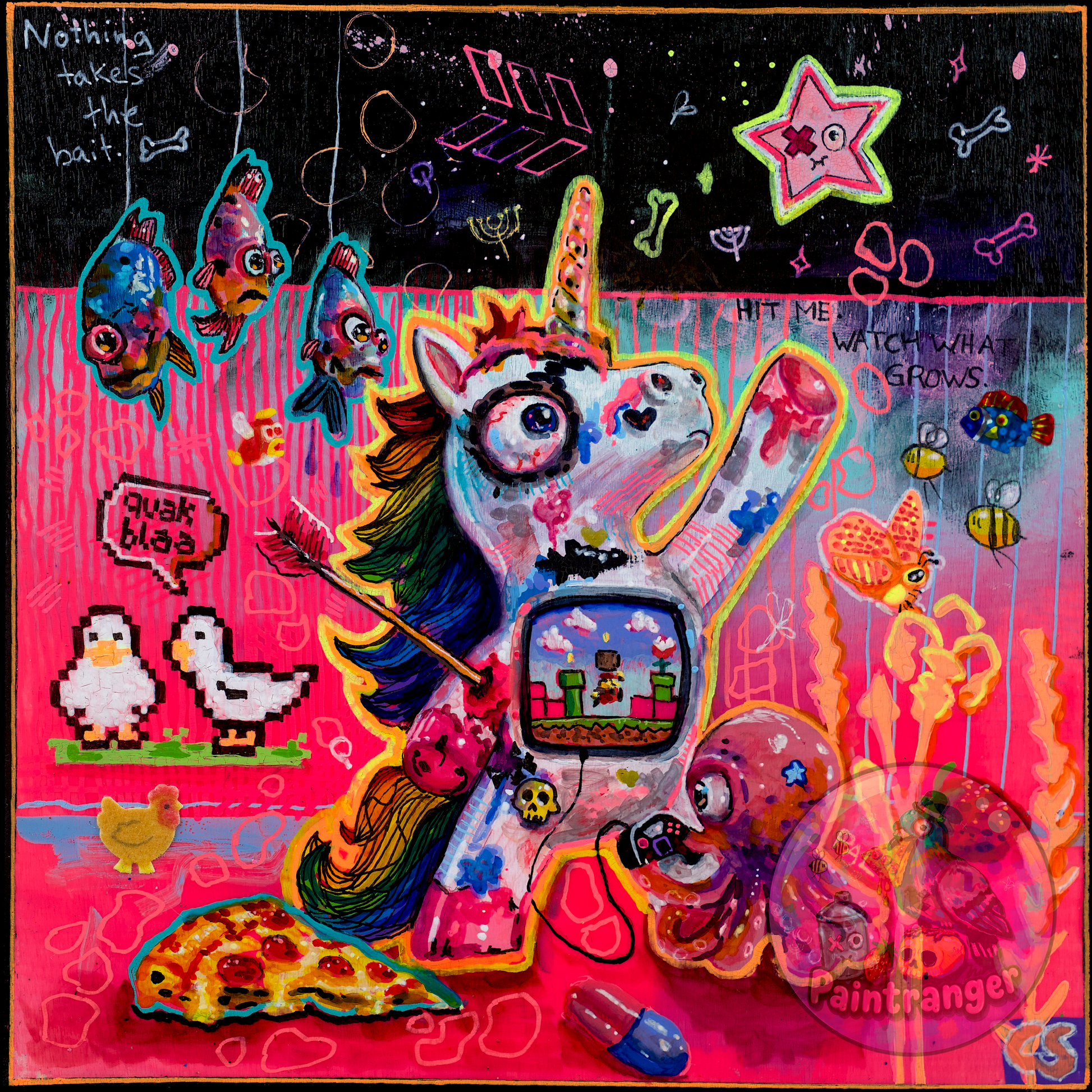 Colorful surreal artwork featuring a wounded unicorn reaching toward the stars, surrounded by gossiping geese, watching fish, a gaming octopus, an arrow, pizza, flames and strange neon symbols against a vivid pink and turquoise background.