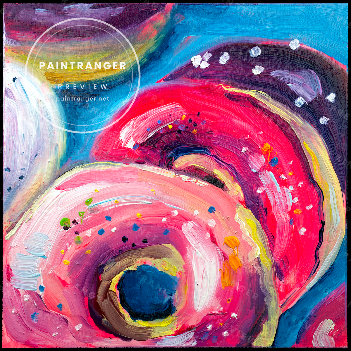 Donut No. 07 printable food art by Paintranger, colorful pink donut oil painting
