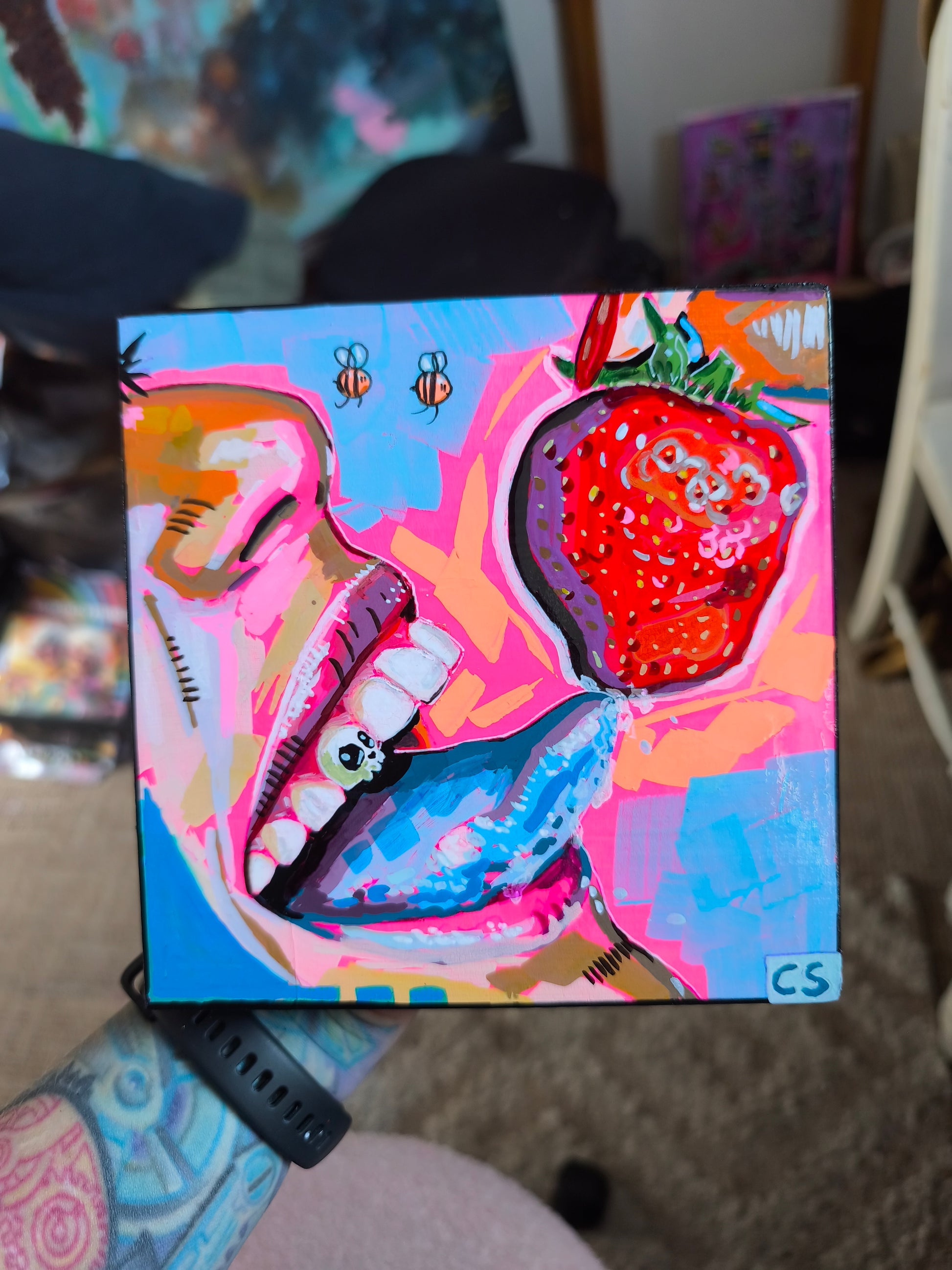 Surreal strawberry original artwork in Candy Decay style by Paintranger, colorful cute creepy painting on wood panel with tongue, strawberry and bittersweet surreal details
