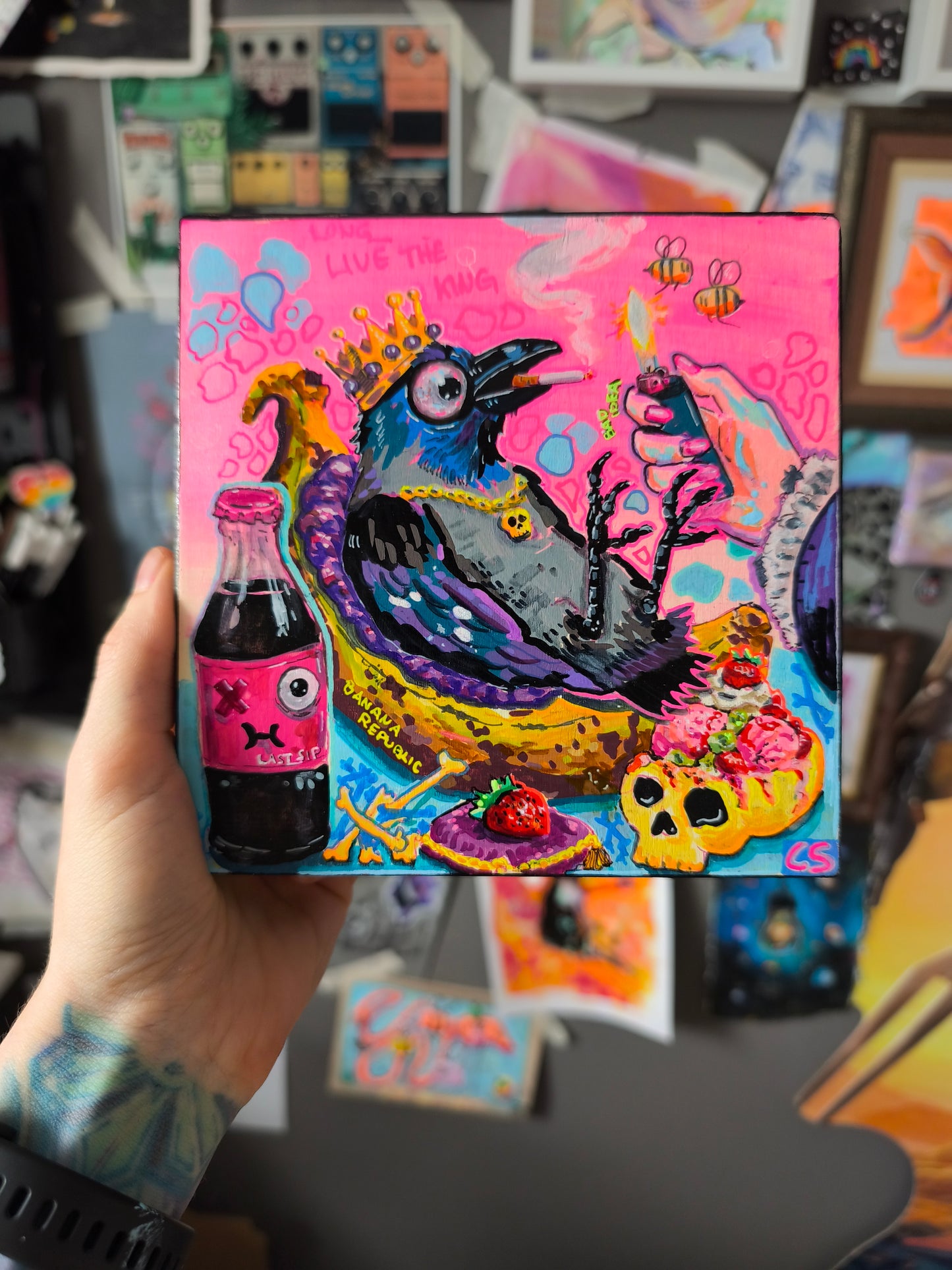Surreal crow throne original artwork in Candy Decay style by Paintranger, colorful cute creepy painting on wood panel with crow, banana throne and dark whimsical details
